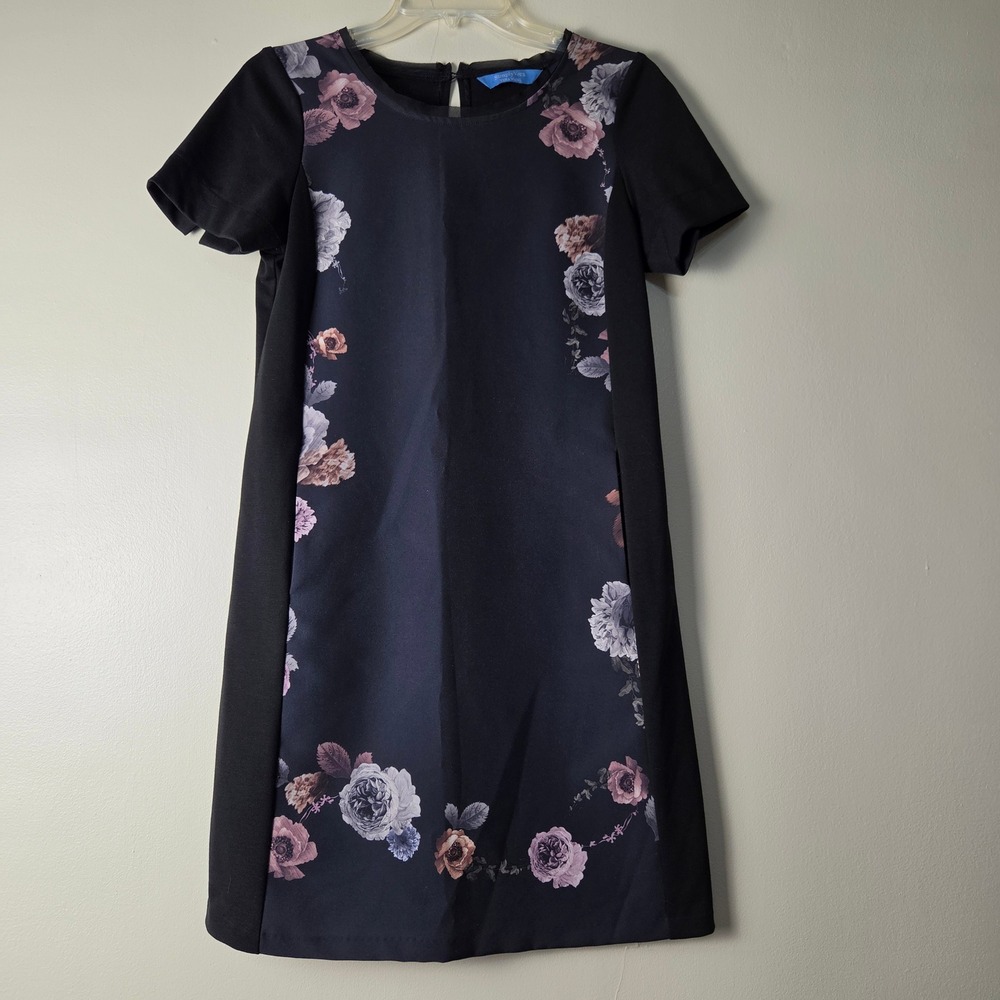 Simply Vera Vera Wang Womens XS Black Floral Short Sleeve Shift Dress Pockets